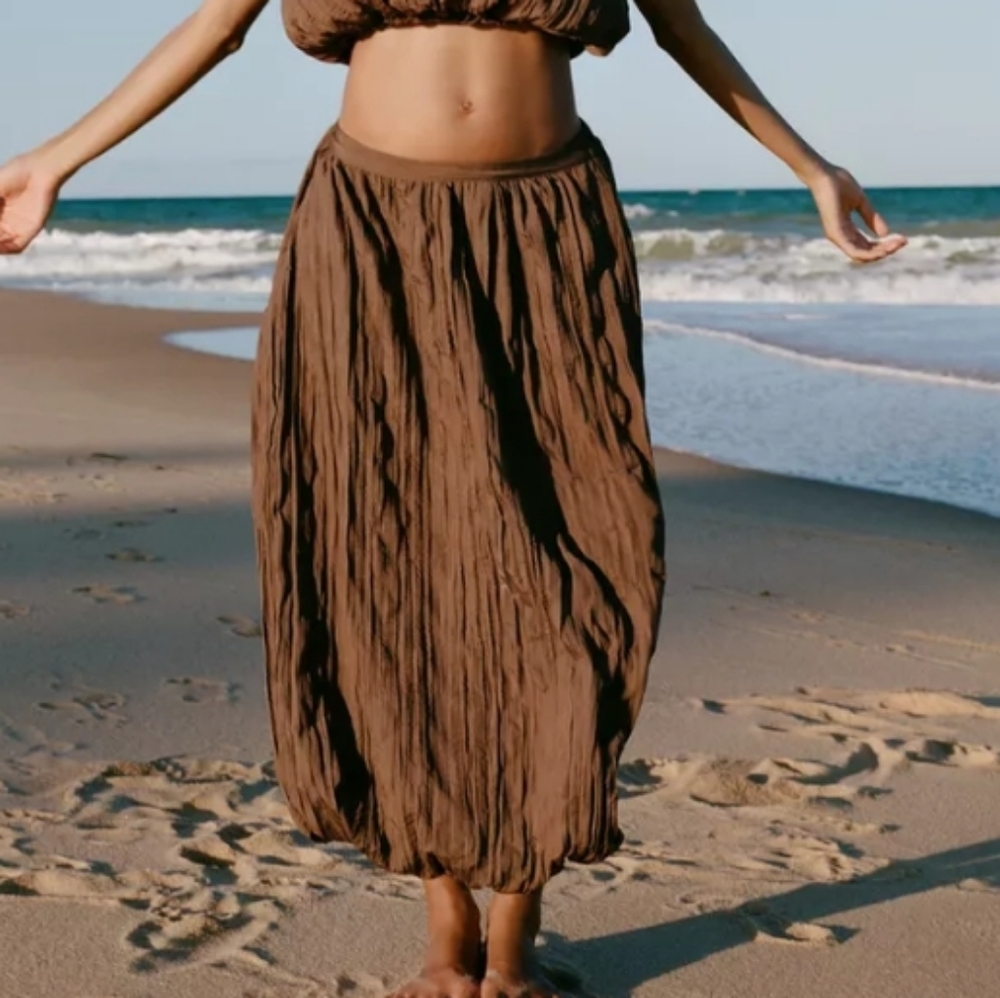 Zara Wrinkled Effect Balloon Brown Midi Skirt Sz-XL
